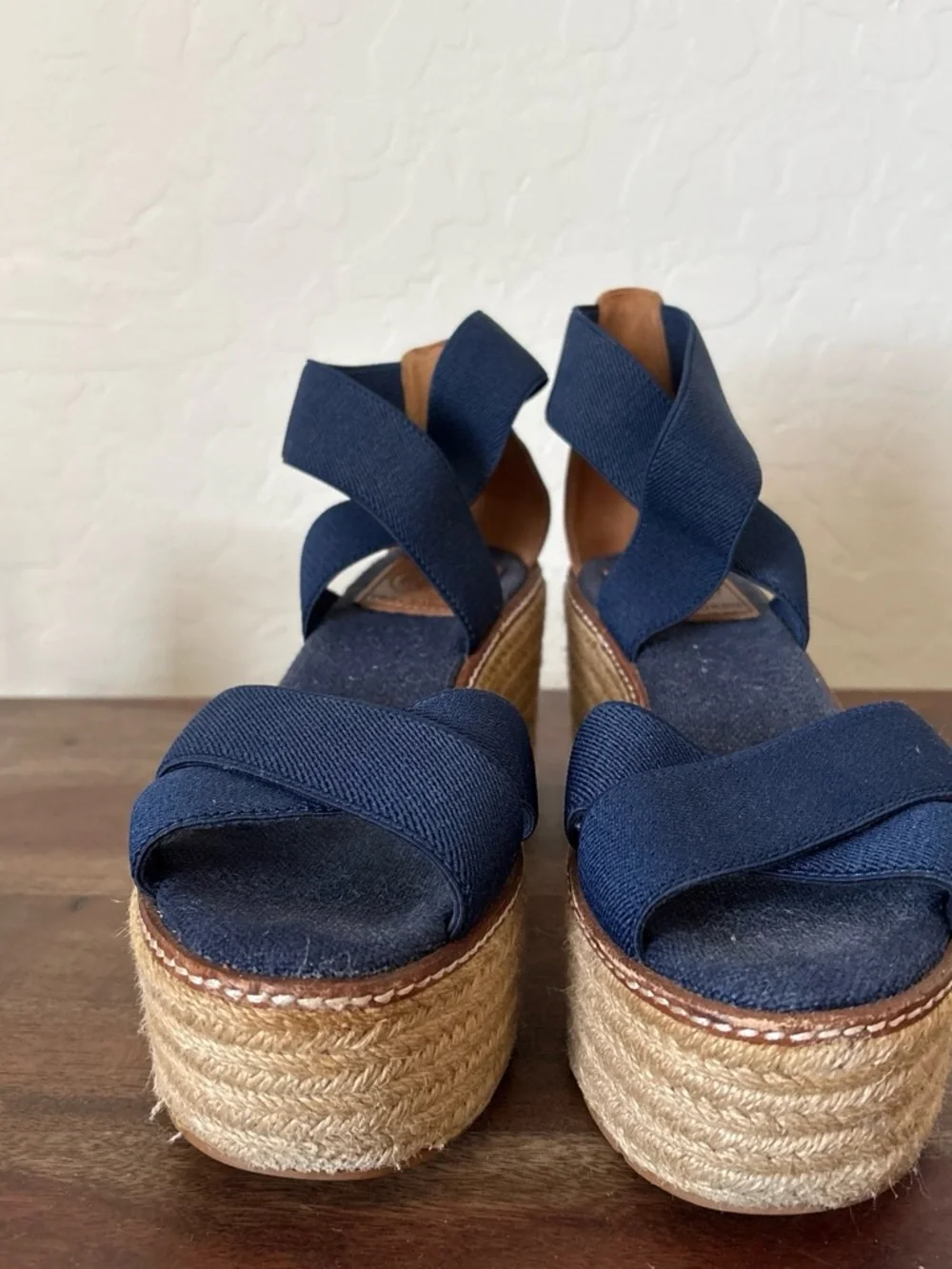 Tory Burch Navy Espadrille Platform Wedge Sandals. 7.5